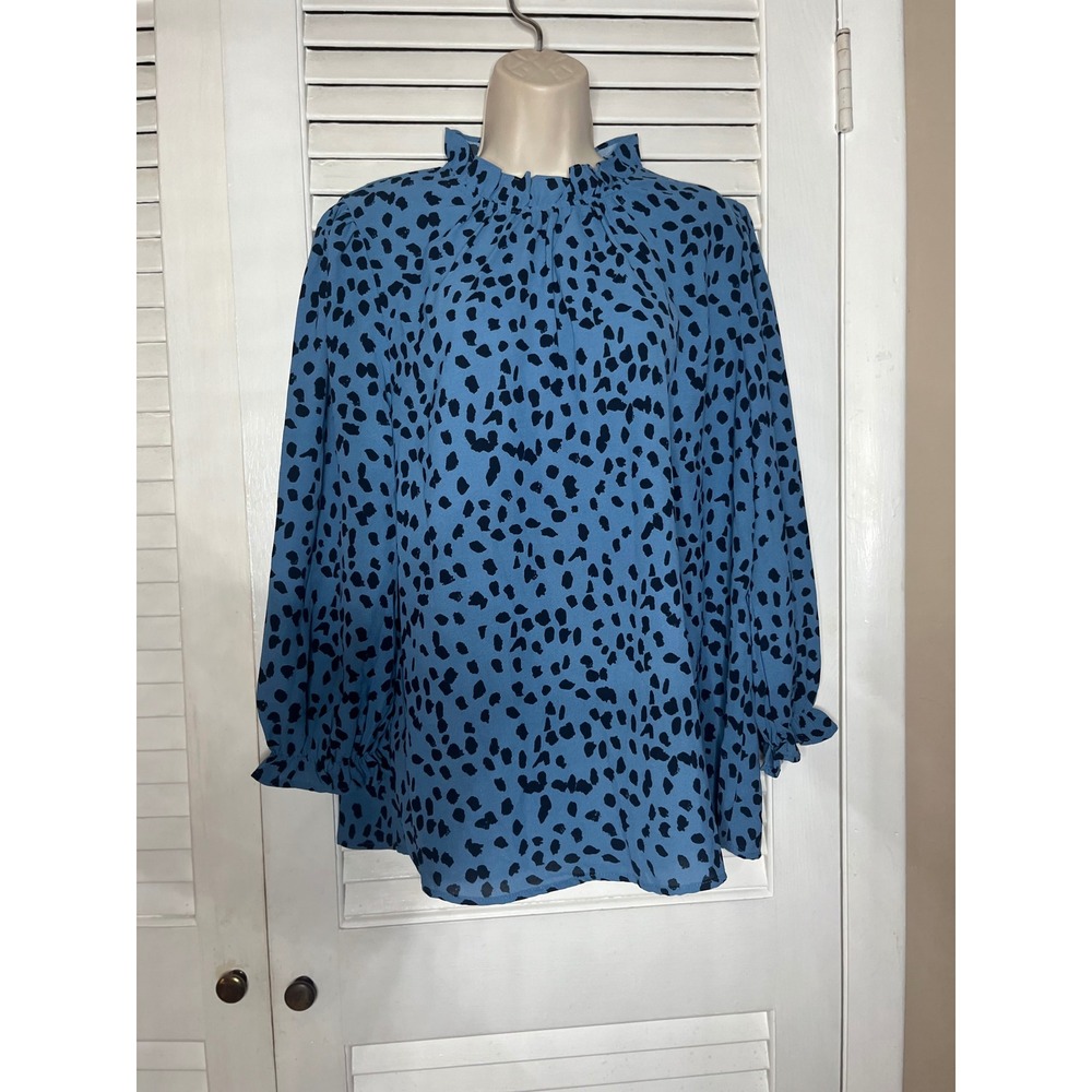 AVANOVA Blue Black Dalmation Print Ruffle Neck Long Sleeve Blouse Top  L NWT